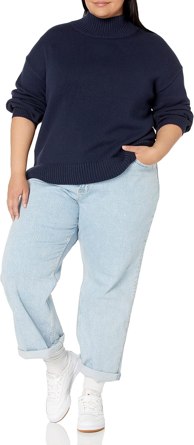 image:imageAmazon Essentials Womens Cotton Pullover Sweater FunnelNeck Available in Plus SizeNavy
