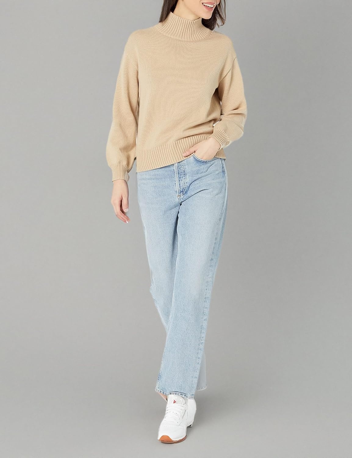 image:imageAmazon Essentials Womens Cotton Pullover Sweater FunnelNeck Available in Plus SizeTan