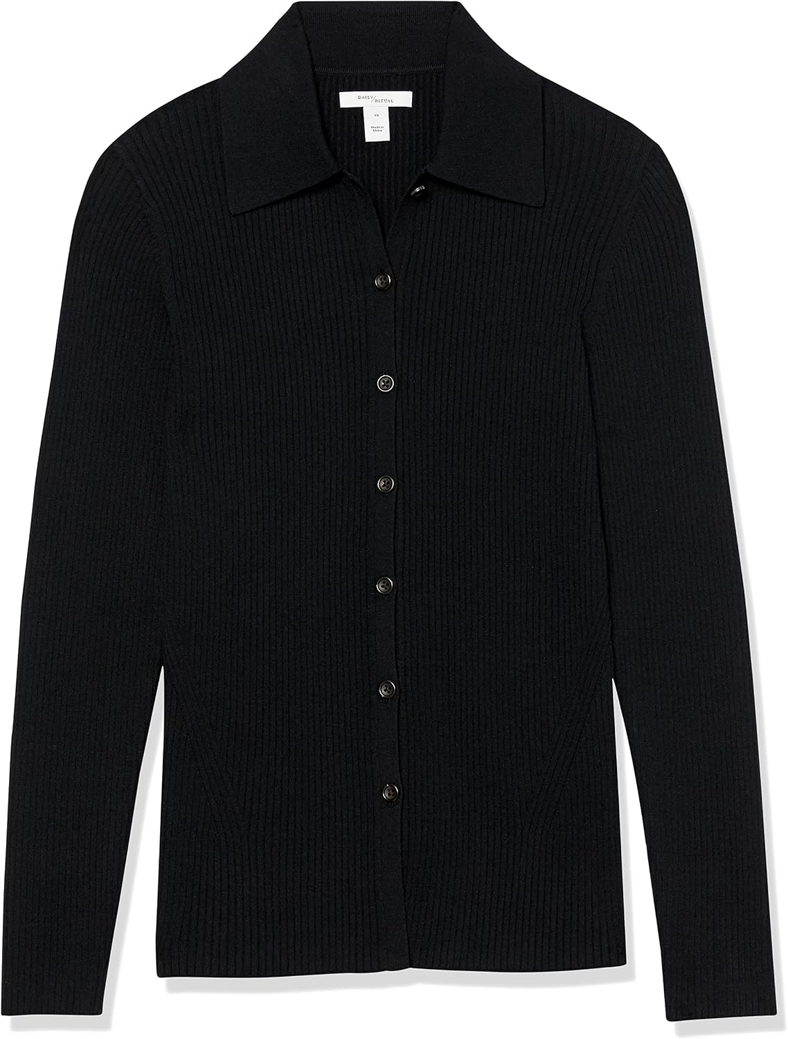 image:imageAmazon Essentials Womens Fine Gauge Stretch Polo Ribbed Cardigan Previously Daily RitualBlack