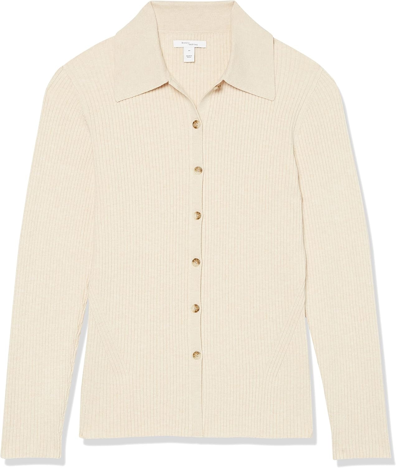 image:imageAmazon Essentials Womens Fine Gauge Stretch Polo Ribbed Cardigan Previously Daily RitualSand Heather