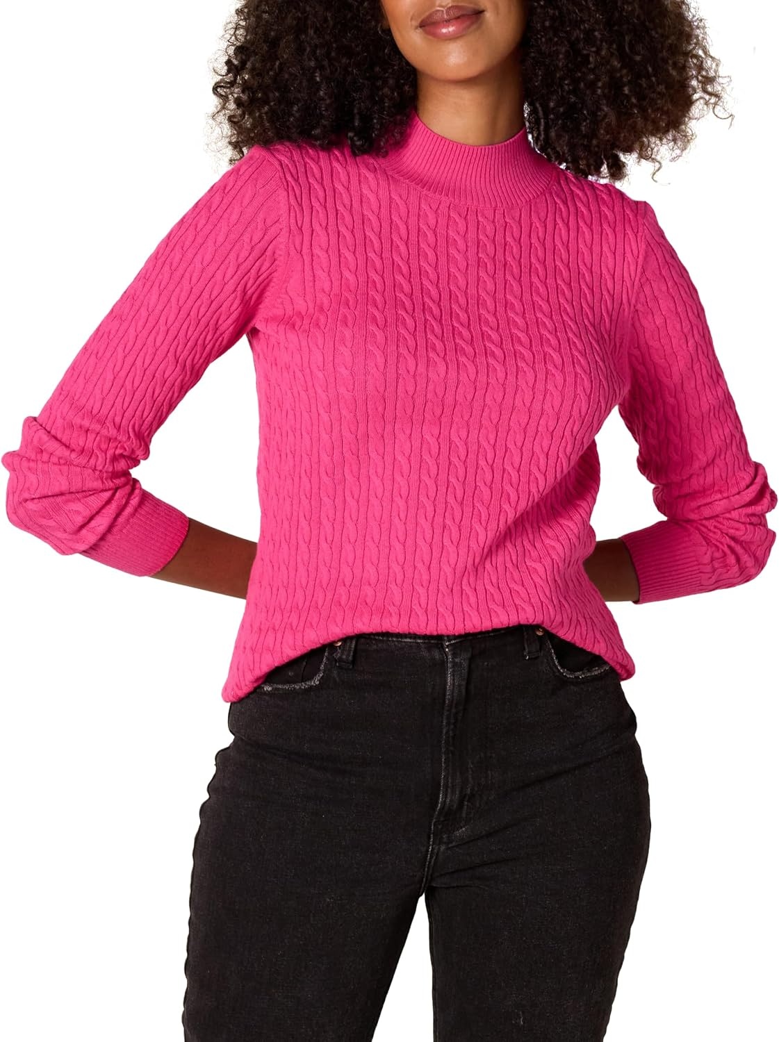 image:imageAmazon Essentials Womens Lightweight Cable Knit Long Sleeve SweaterBright Pink