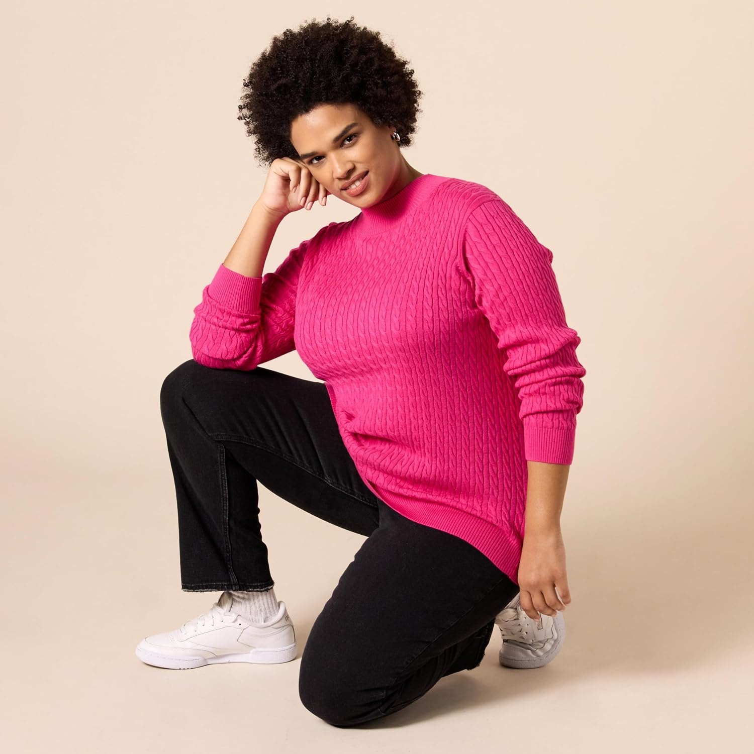 image:imageAmazon Essentials Womens Lightweight Cable Knit Long Sleeve SweaterBright Pink