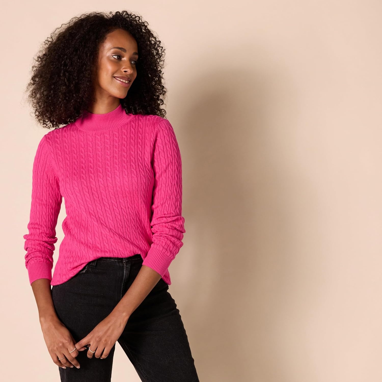 image:imageAmazon Essentials Womens Lightweight Cable Knit Long Sleeve SweaterBright Pink