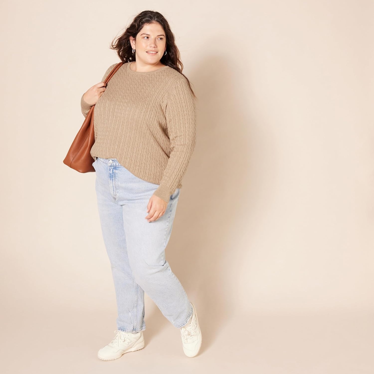 image:imageAmazon Essentials Womens Lightweight Cable Knit Long Sleeve SweaterCamel Heather