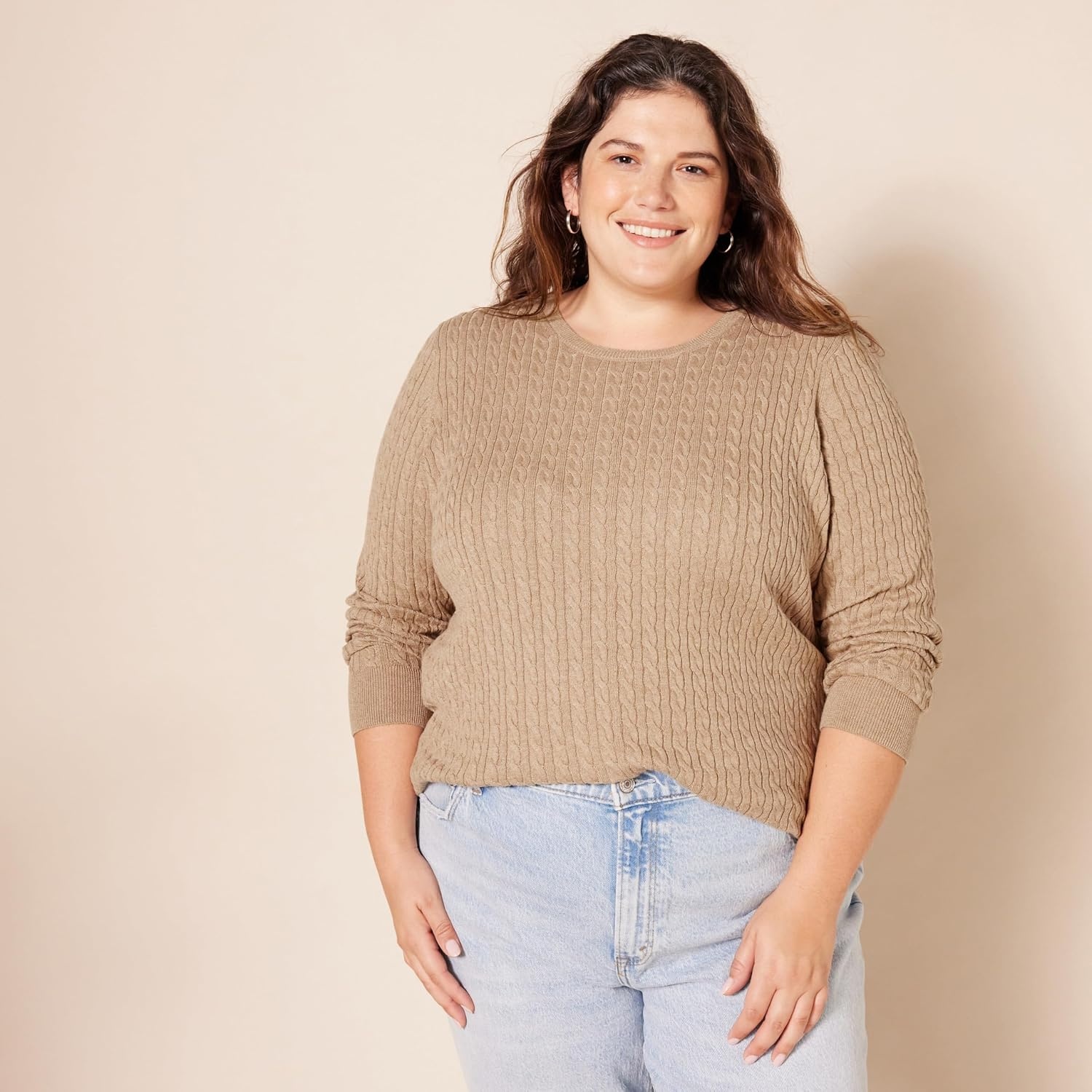 image:imageAmazon Essentials Womens Lightweight Cable Knit Long Sleeve SweaterCamel Heather