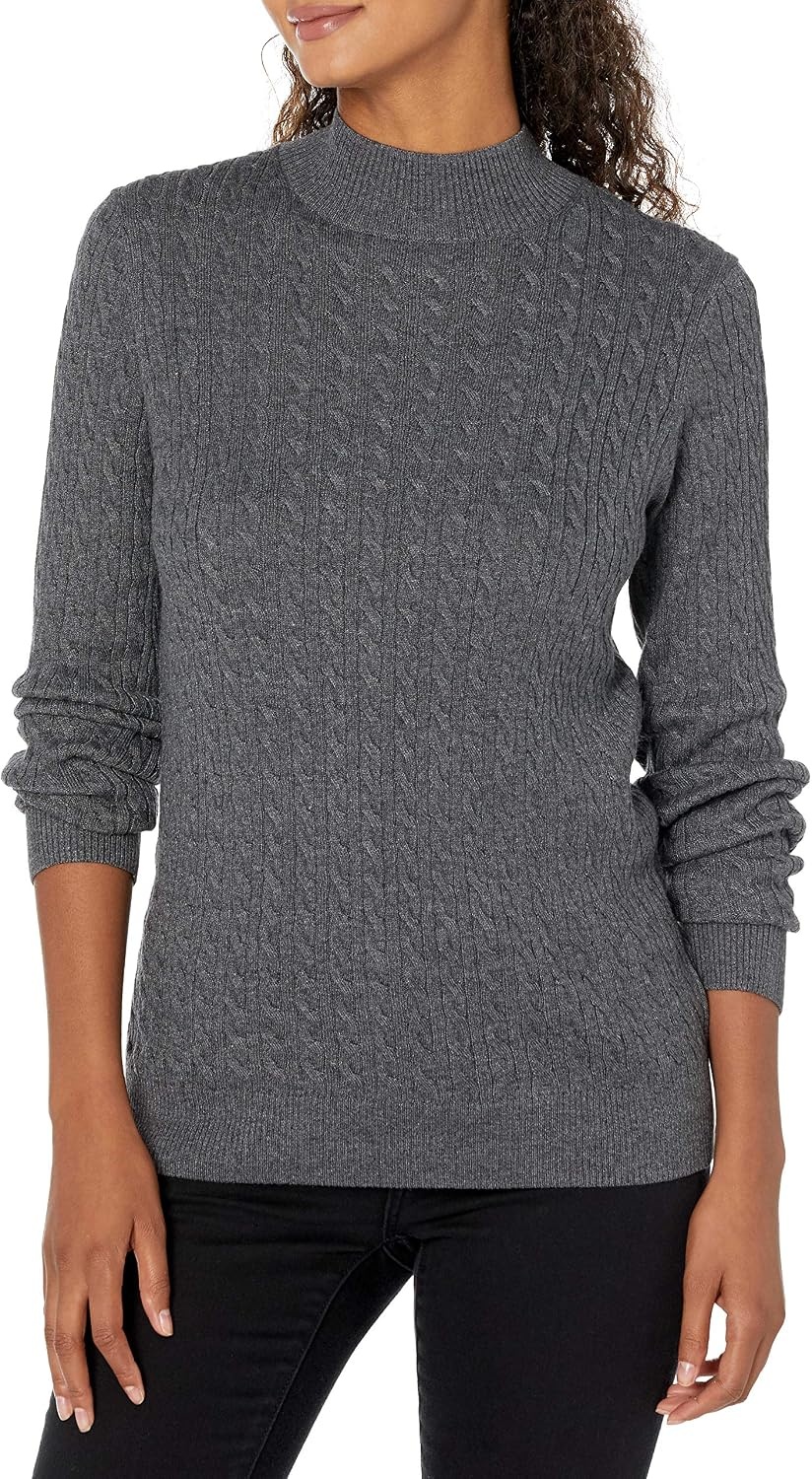 image:imageAmazon Essentials Womens Lightweight Cable Knit Long Sleeve SweaterCharcoal Heather