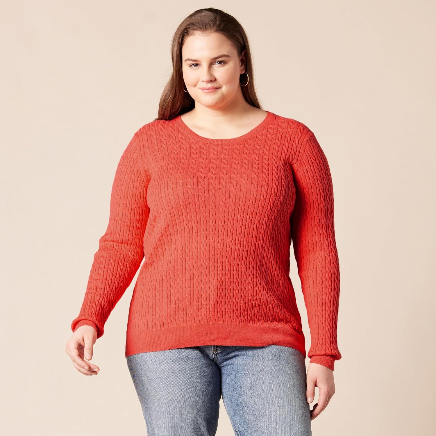 image:imageAmazon Essentials Womens Lightweight Cable Knit Long Sleeve SweaterCoral Pink