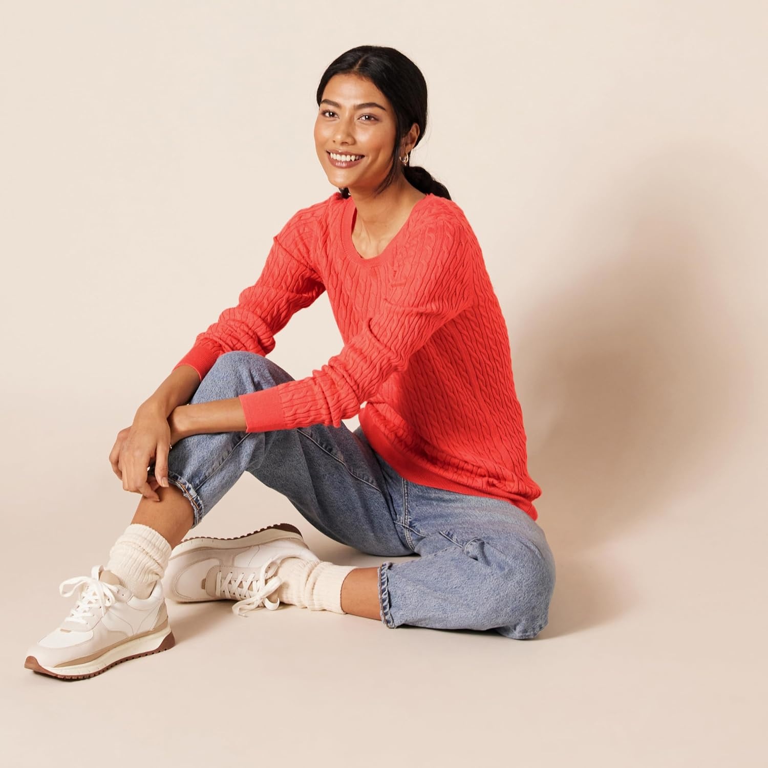 image:imageAmazon Essentials Womens Lightweight Cable Knit Long Sleeve SweaterCoral Pink