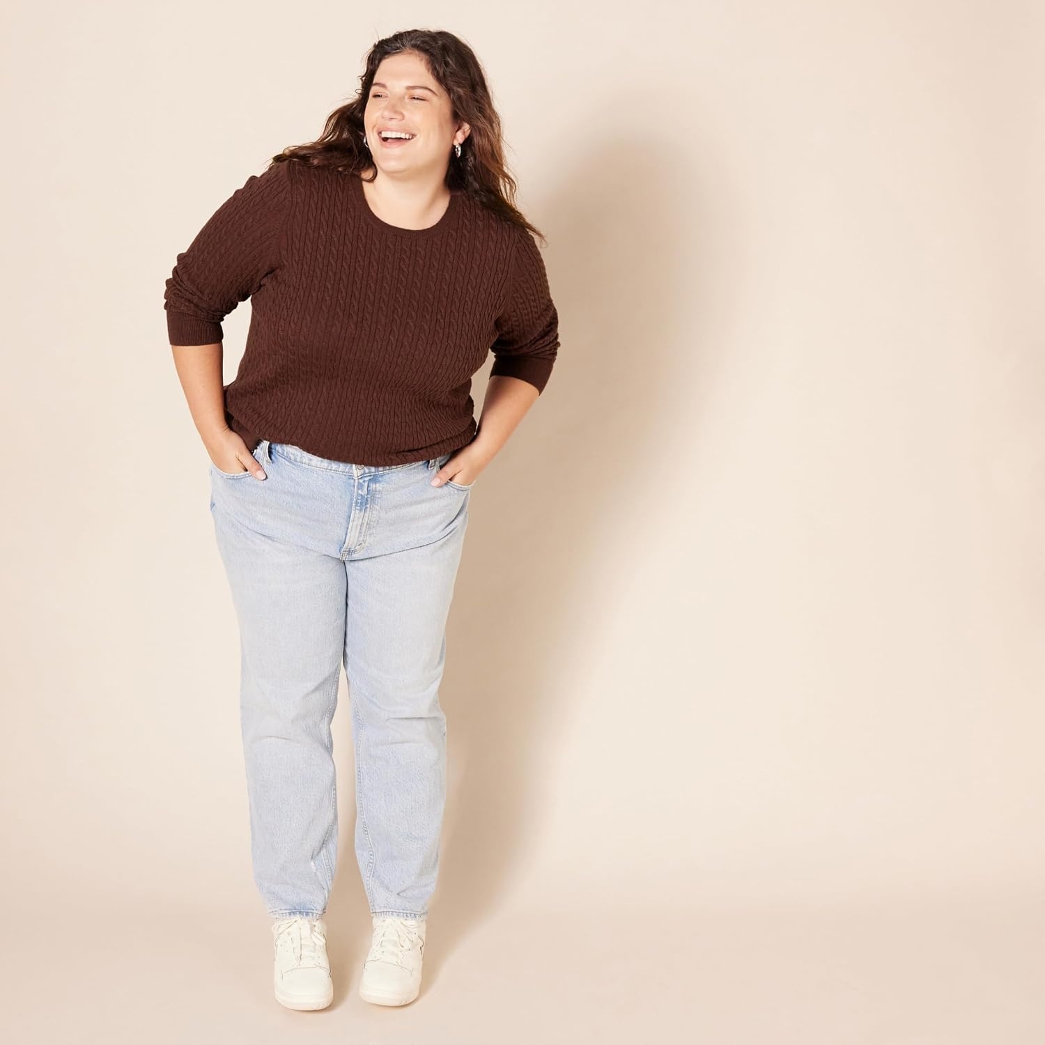 image:imageAmazon Essentials Womens Lightweight Cable Knit Long Sleeve SweaterDark Chestnut Brown Heather