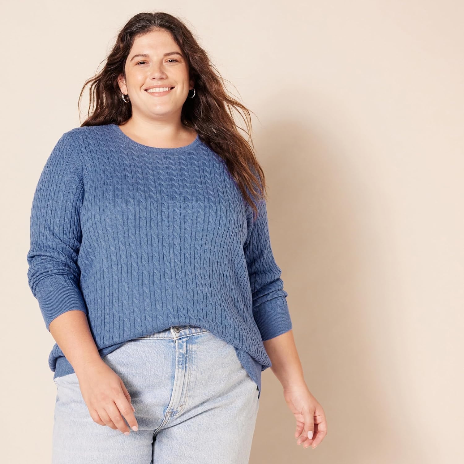 image:imageAmazon Essentials Womens Lightweight Cable Knit Long Sleeve SweaterFrench Blue Heather