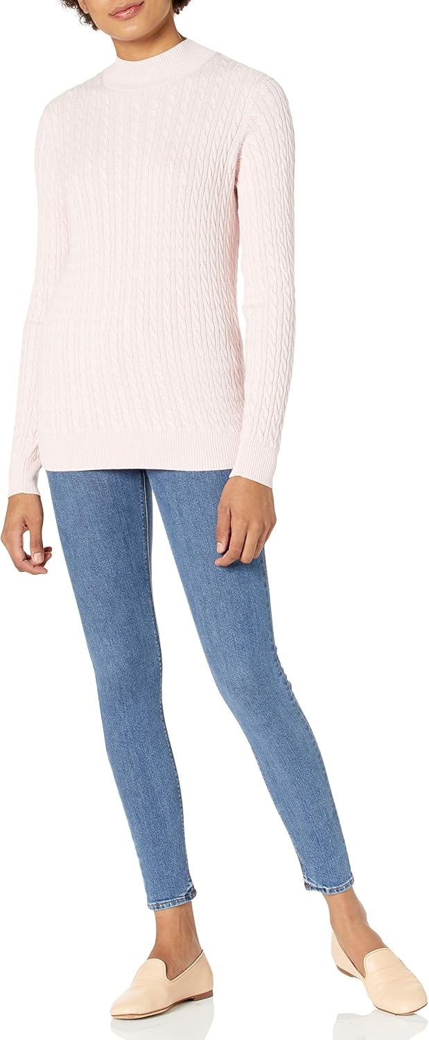 image:imageAmazon Essentials Womens Lightweight Cable Knit Long Sleeve SweaterLight Pink