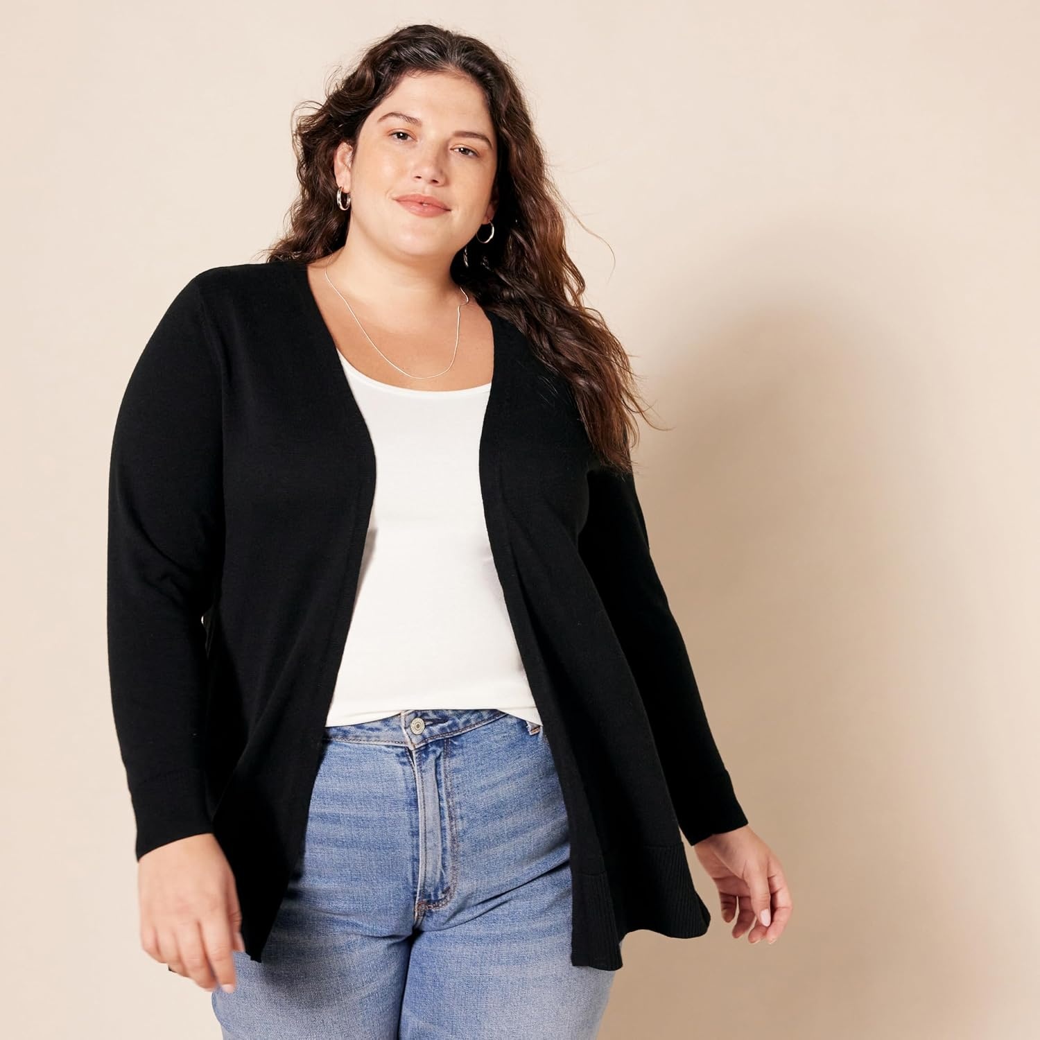 image:imageAmazon Essentials Womens Lightweight LongSleeve OpenFront Long Cardigan Sweater Regular FitBlack