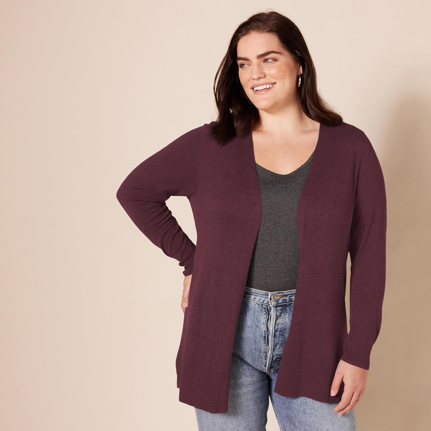 image:imageAmazon Essentials Womens Lightweight LongSleeve OpenFront Long Cardigan Sweater Regular FitBurgundy