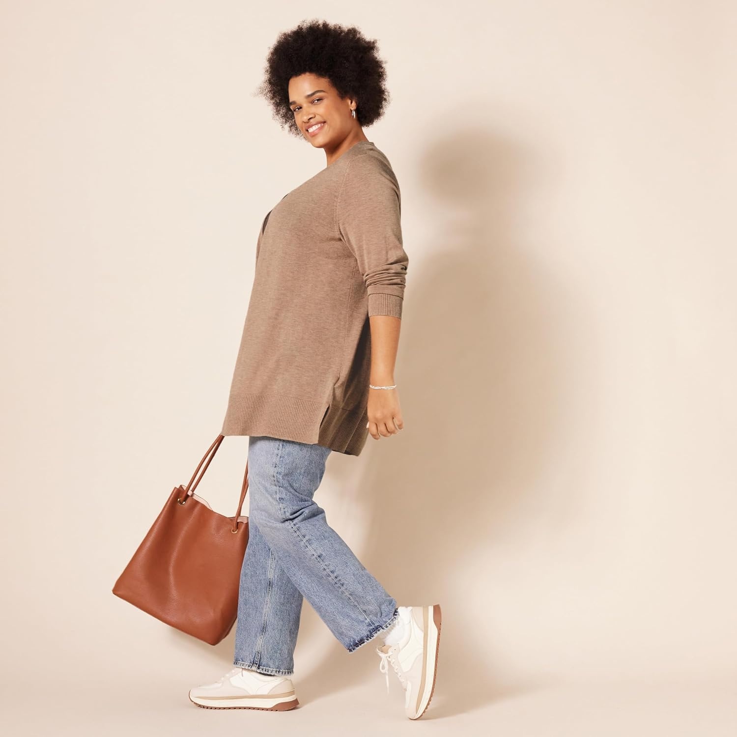 image:imageAmazon Essentials Womens Lightweight LongSleeve OpenFront Long Cardigan Sweater Regular FitCamel Heather