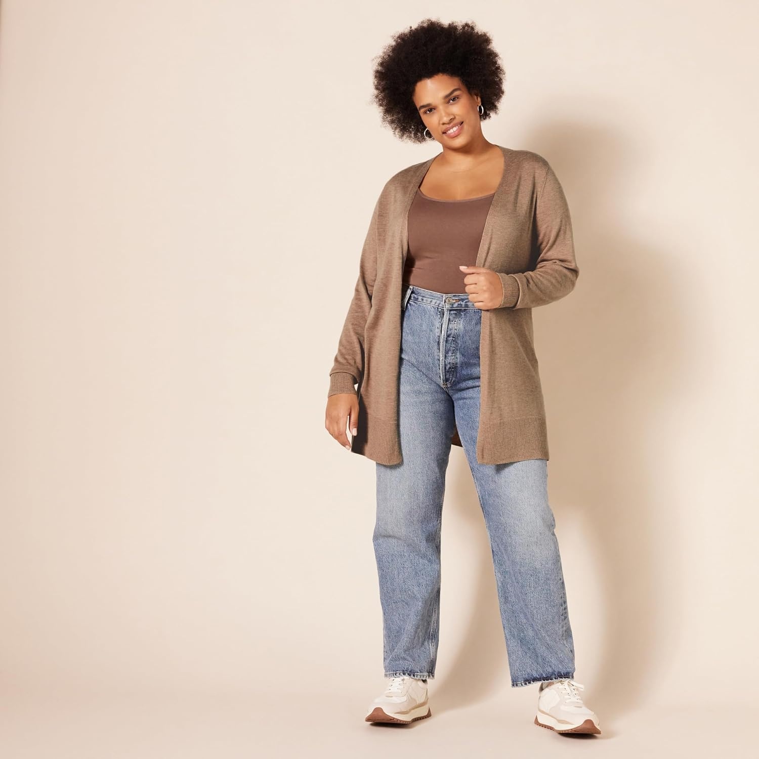 image:imageAmazon Essentials Womens Lightweight LongSleeve OpenFront Long Cardigan Sweater Regular FitCamel Heather