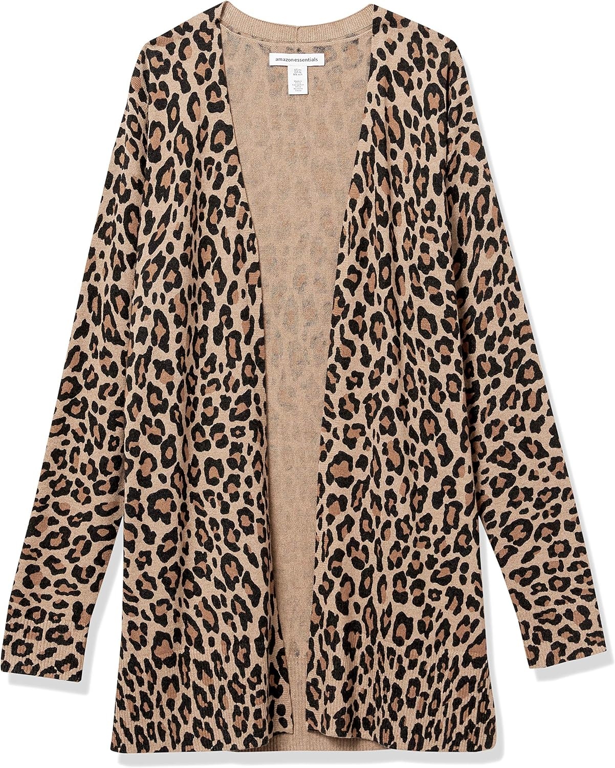 image:imageAmazon Essentials Womens Lightweight LongSleeve OpenFront Long Cardigan Sweater Regular FitCamel Leopard
