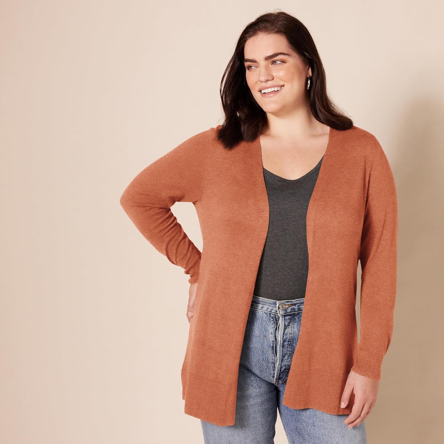 image:imageAmazon Essentials Womens Lightweight LongSleeve OpenFront Long Cardigan Sweater Regular FitCaramel