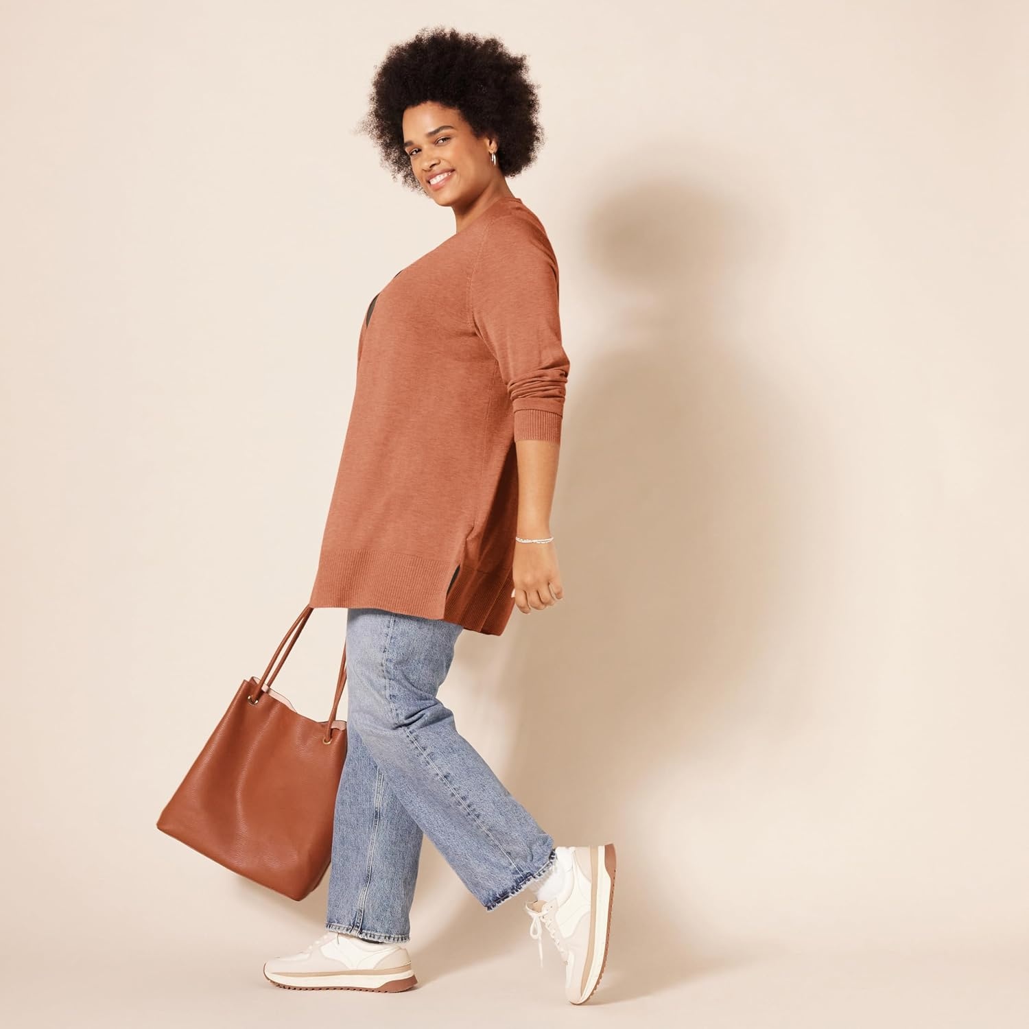 image:imageAmazon Essentials Womens Lightweight LongSleeve OpenFront Long Cardigan Sweater Regular FitCaramel