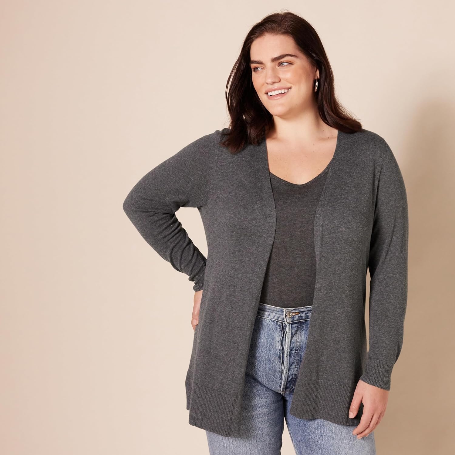 image:imageAmazon Essentials Womens Lightweight LongSleeve OpenFront Long Cardigan Sweater Regular FitCharcoal Heather