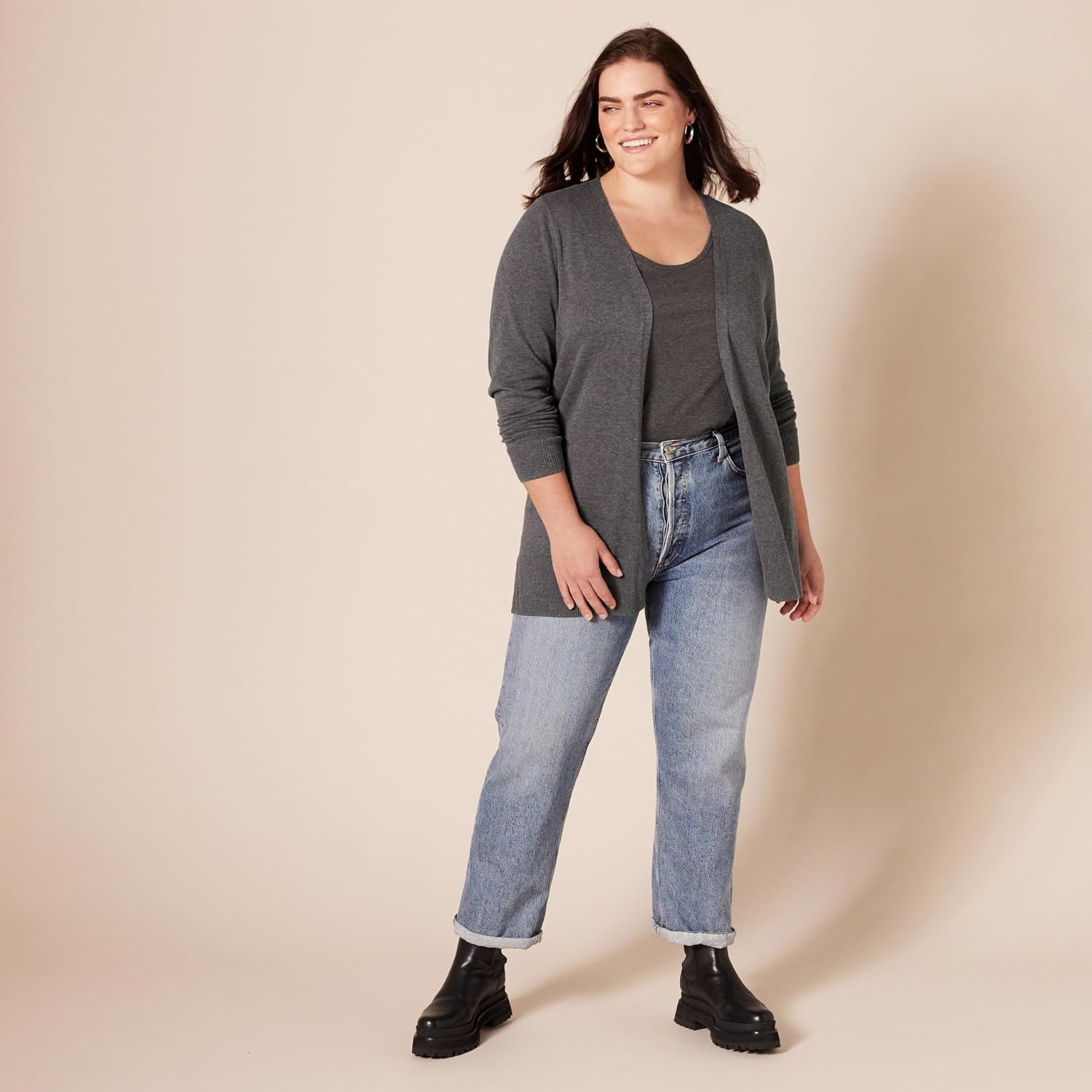 image:imageAmazon Essentials Womens Lightweight LongSleeve OpenFront Long Cardigan Sweater Regular FitCharcoal Heather
