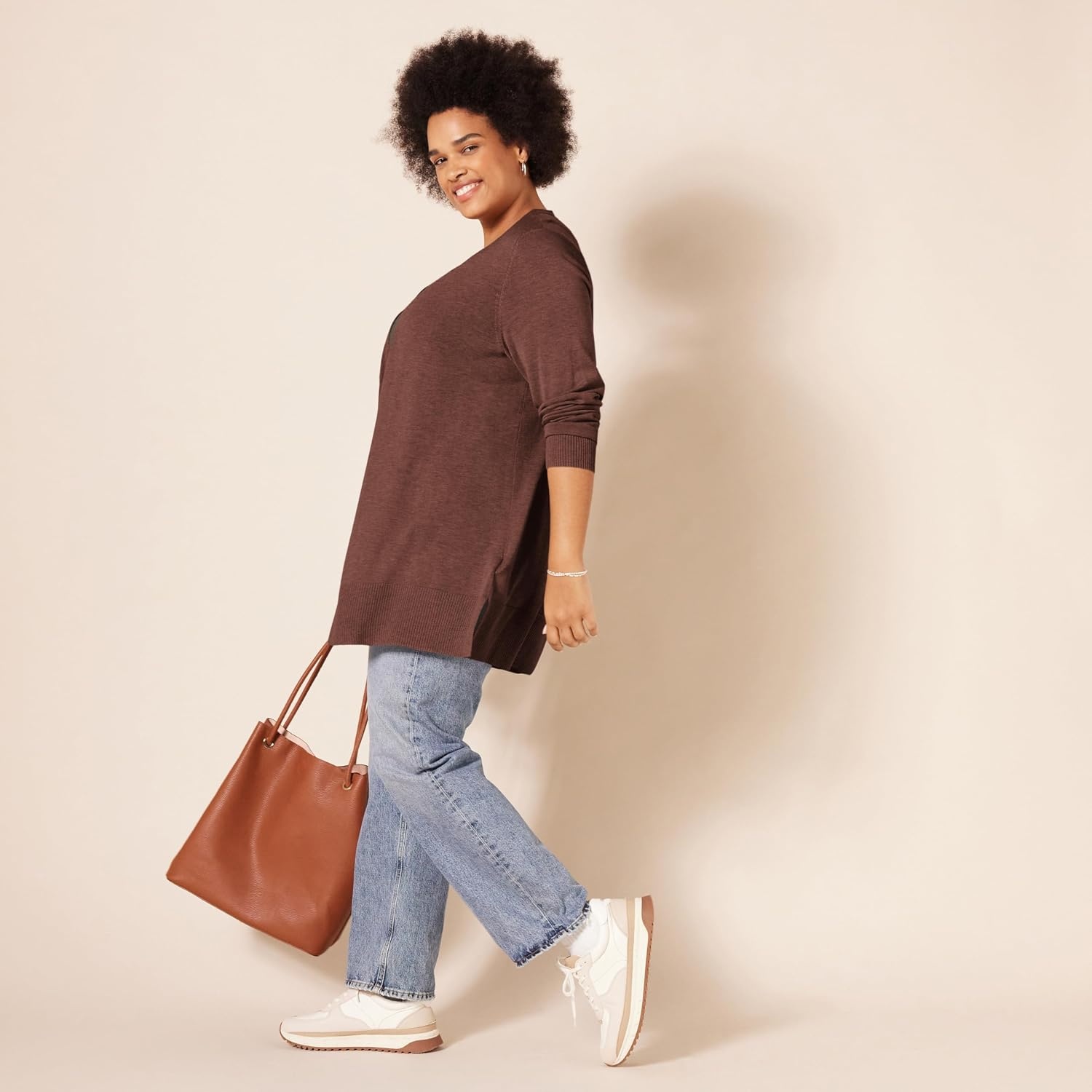 image:imageAmazon Essentials Womens Lightweight LongSleeve OpenFront Long Cardigan Sweater Regular FitDark Chestnut Brown Heather