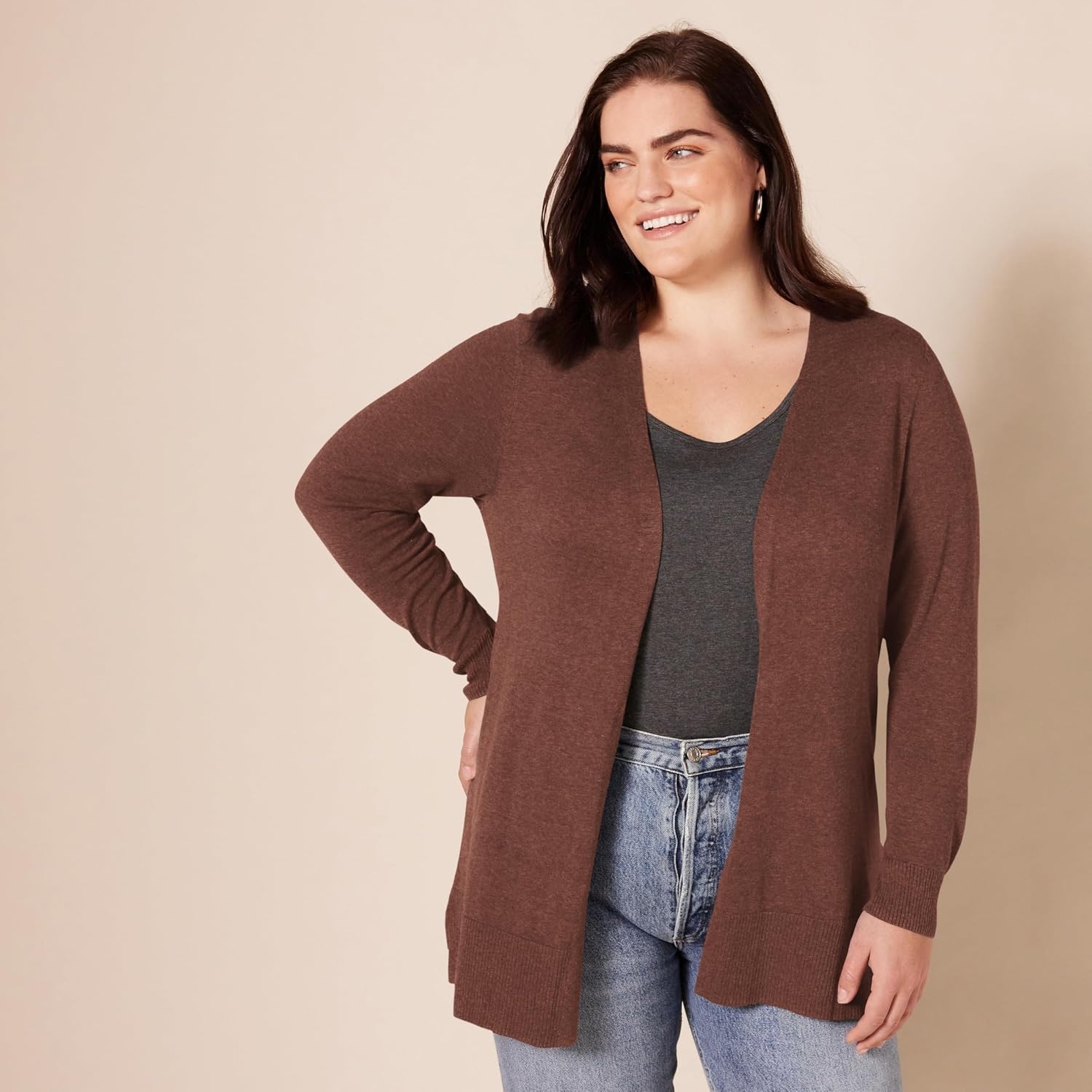 image:imageAmazon Essentials Womens Lightweight LongSleeve OpenFront Long Cardigan Sweater Regular FitDark Chestnut Brown Heather