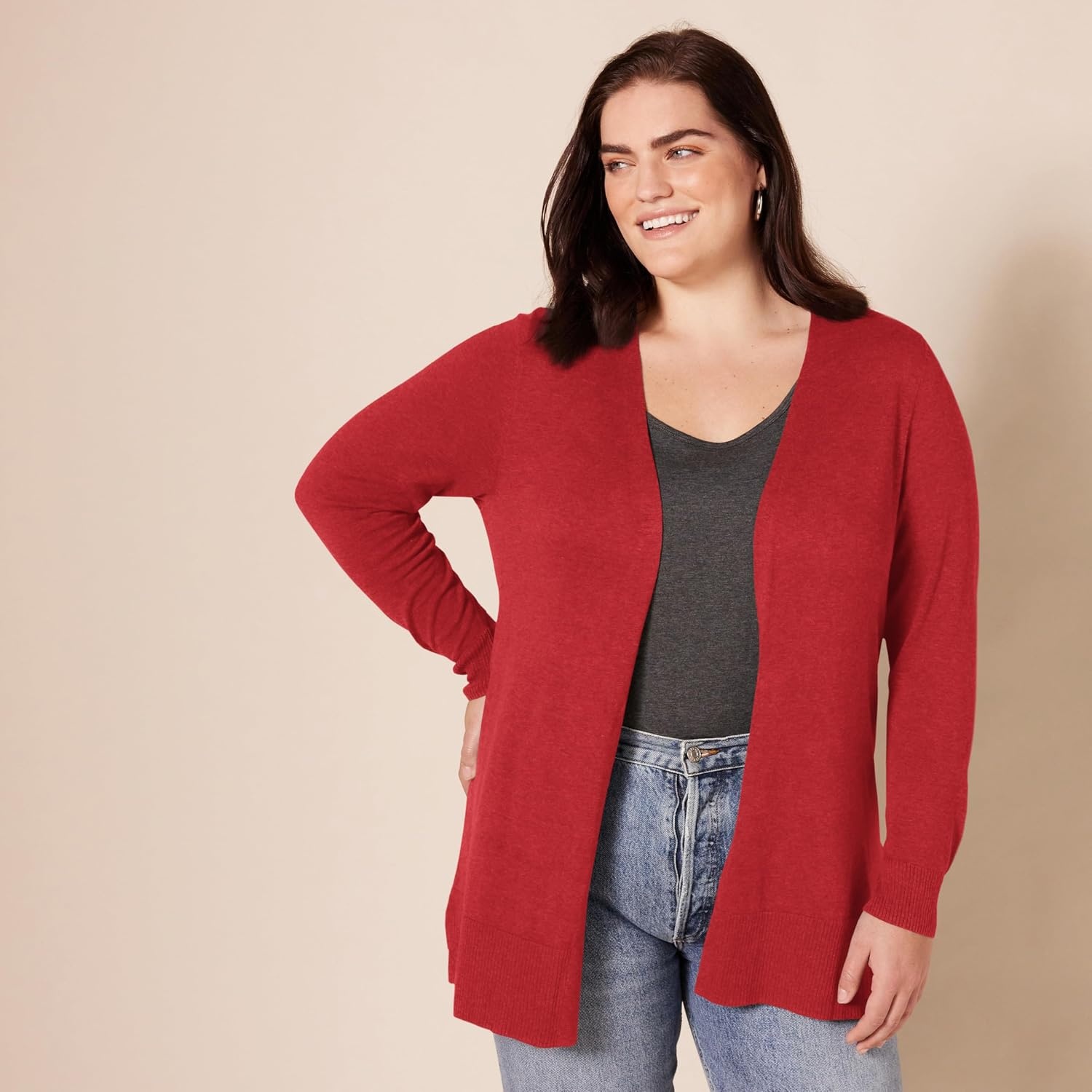 image:imageAmazon Essentials Womens Lightweight LongSleeve OpenFront Long Cardigan Sweater Regular FitDark Red