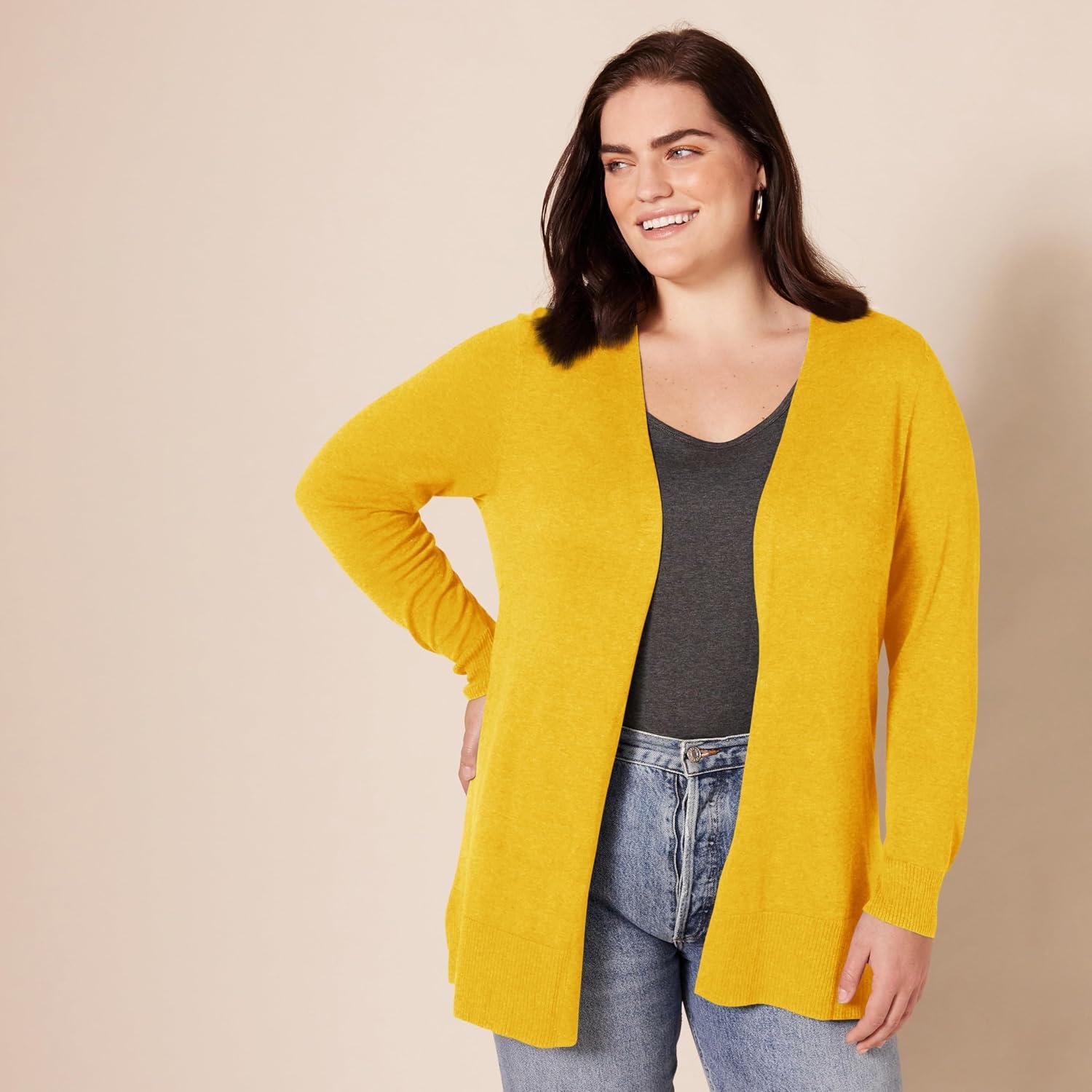 image:imageAmazon Essentials Womens Lightweight LongSleeve OpenFront Long Cardigan Sweater Regular FitGold