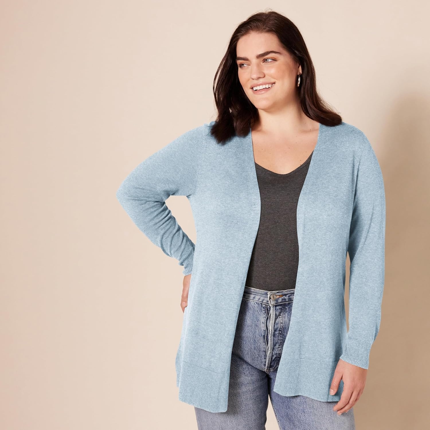 image:imageAmazon Essentials Womens Lightweight LongSleeve OpenFront Long Cardigan Sweater Regular FitIndigo Blue Heather