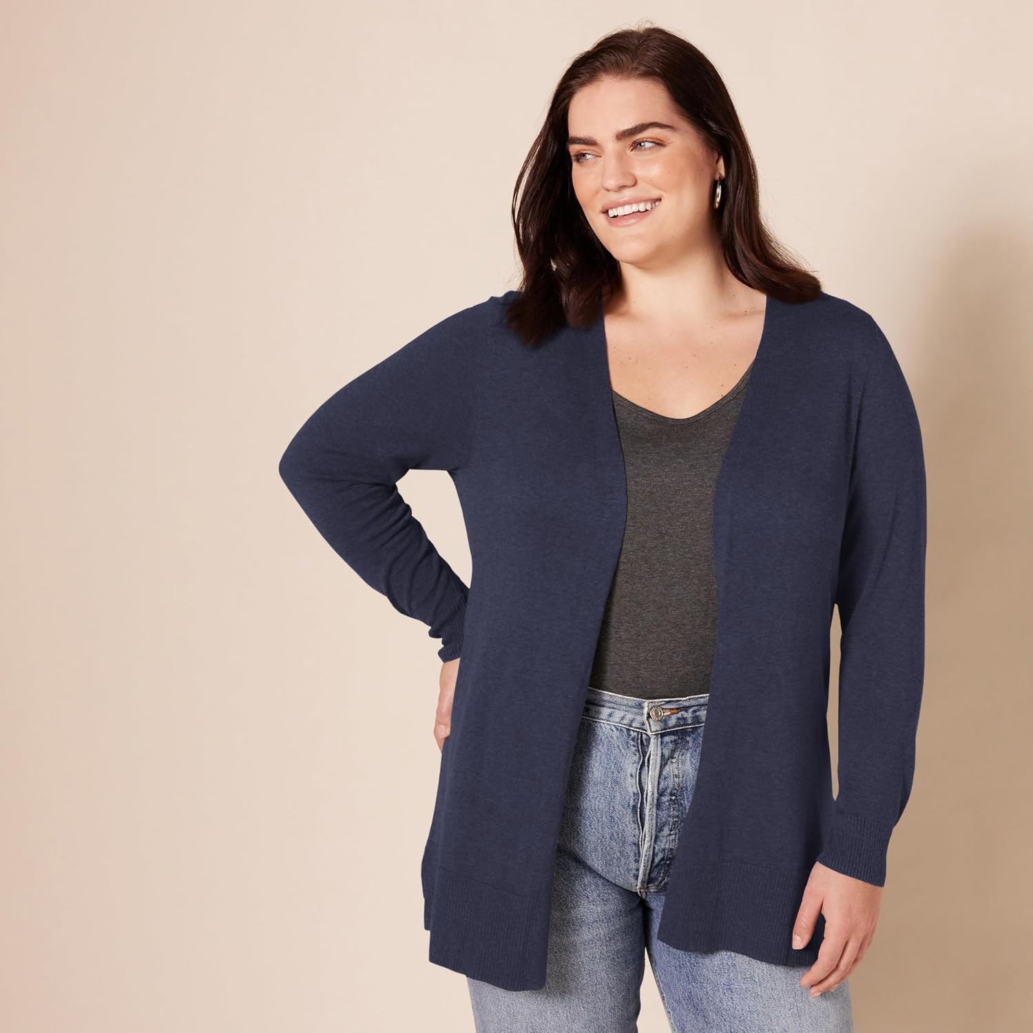 image:imageAmazon Essentials Womens Lightweight LongSleeve OpenFront Long Cardigan Sweater Regular FitNavy
