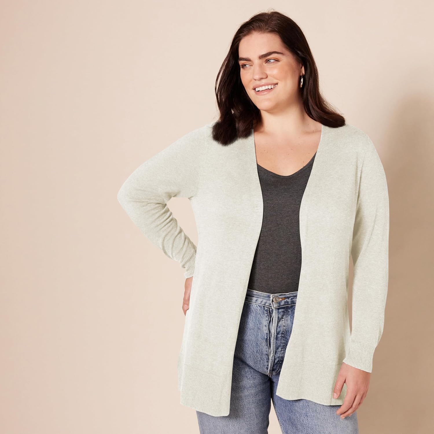 image:imageAmazon Essentials Womens Lightweight LongSleeve OpenFront Long Cardigan Sweater Regular FitOatmeal Heather