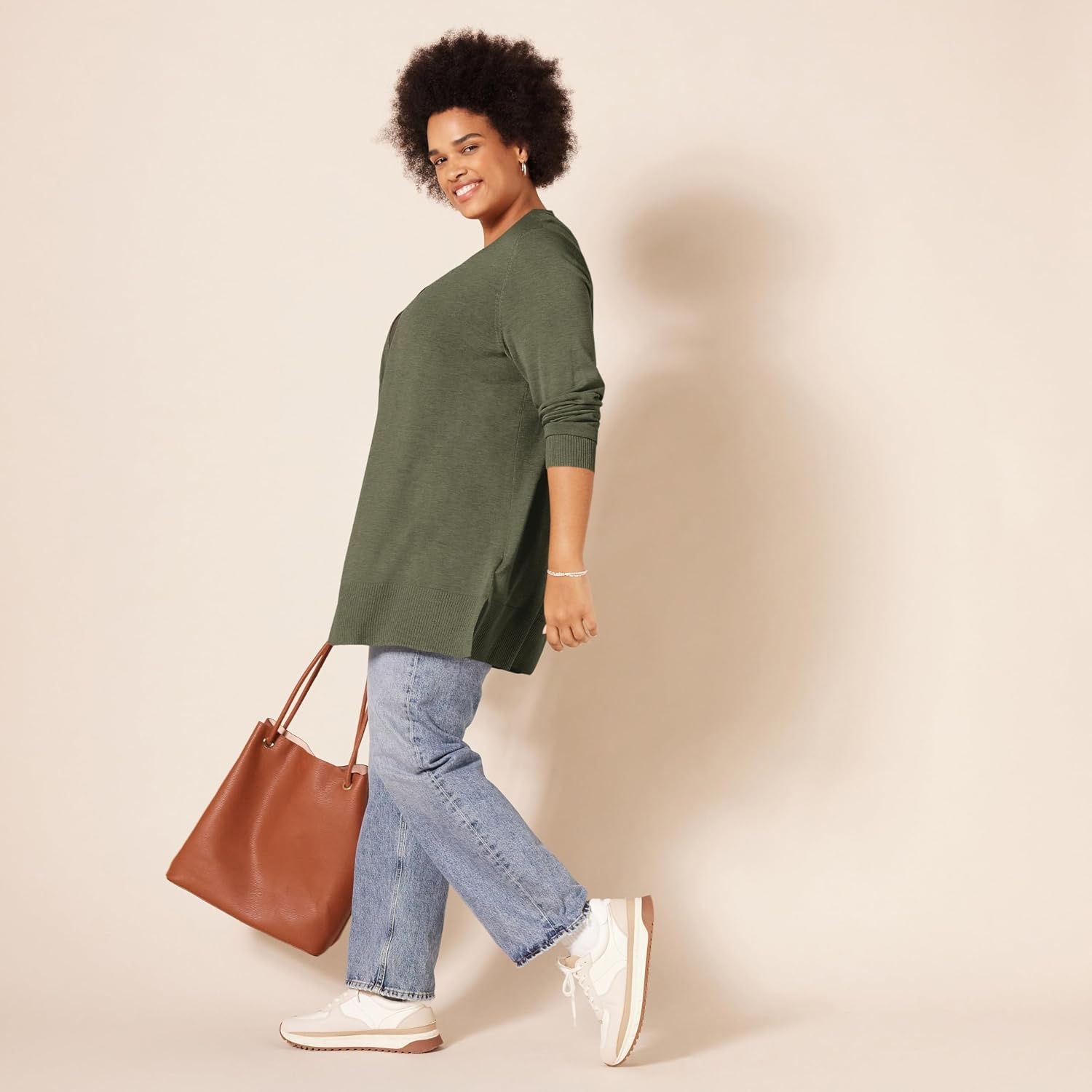 image:imageAmazon Essentials Womens Lightweight LongSleeve OpenFront Long Cardigan Sweater Regular FitOlive