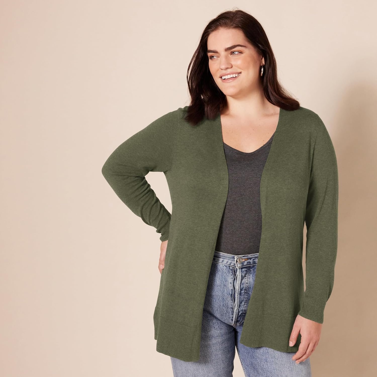 image:imageAmazon Essentials Womens Lightweight LongSleeve OpenFront Long Cardigan Sweater Regular FitOlive