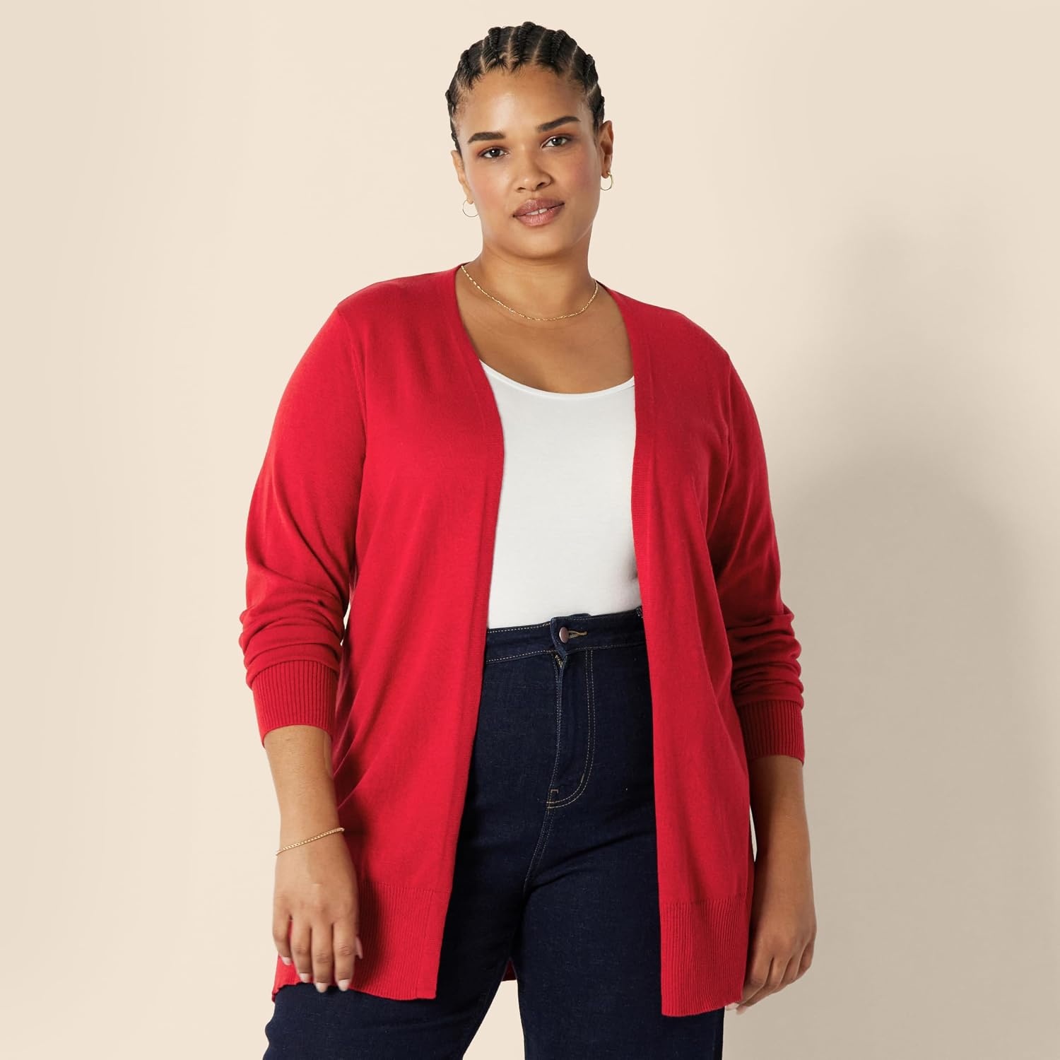 image:imageAmazon Essentials Womens Lightweight LongSleeve OpenFront Long Cardigan Sweater Regular FitRed