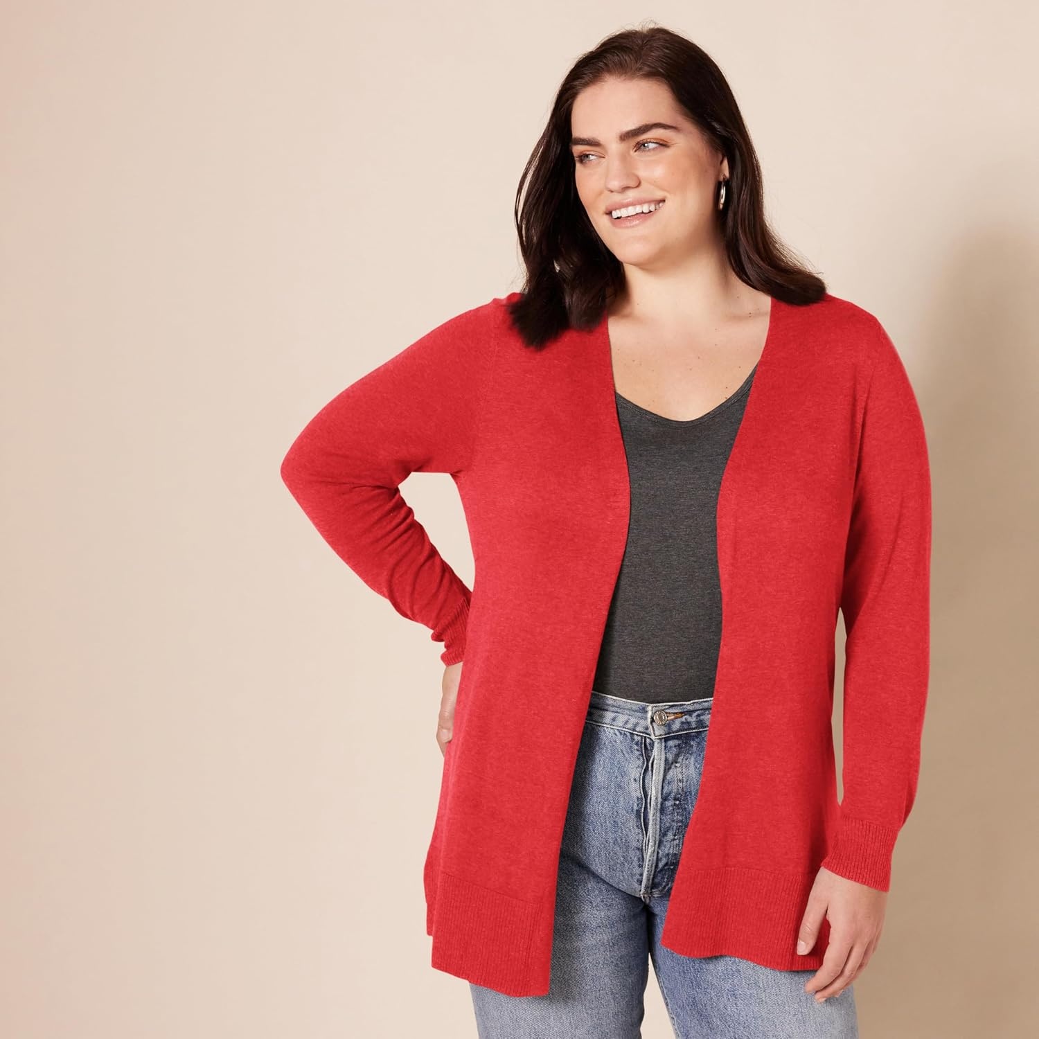 image:imageAmazon Essentials Womens Lightweight LongSleeve OpenFront Long Cardigan Sweater Regular FitRed