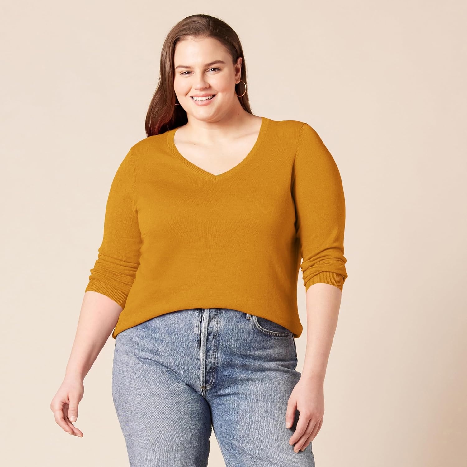 image:imageAmazon Essentials Womens Lightweight LongSleeve VNeck SweaterDark Golden Yellow