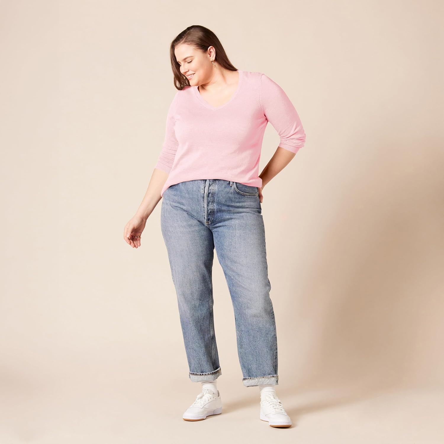 image:imageAmazon Essentials Womens Lightweight LongSleeve VNeck SweaterLight Pink