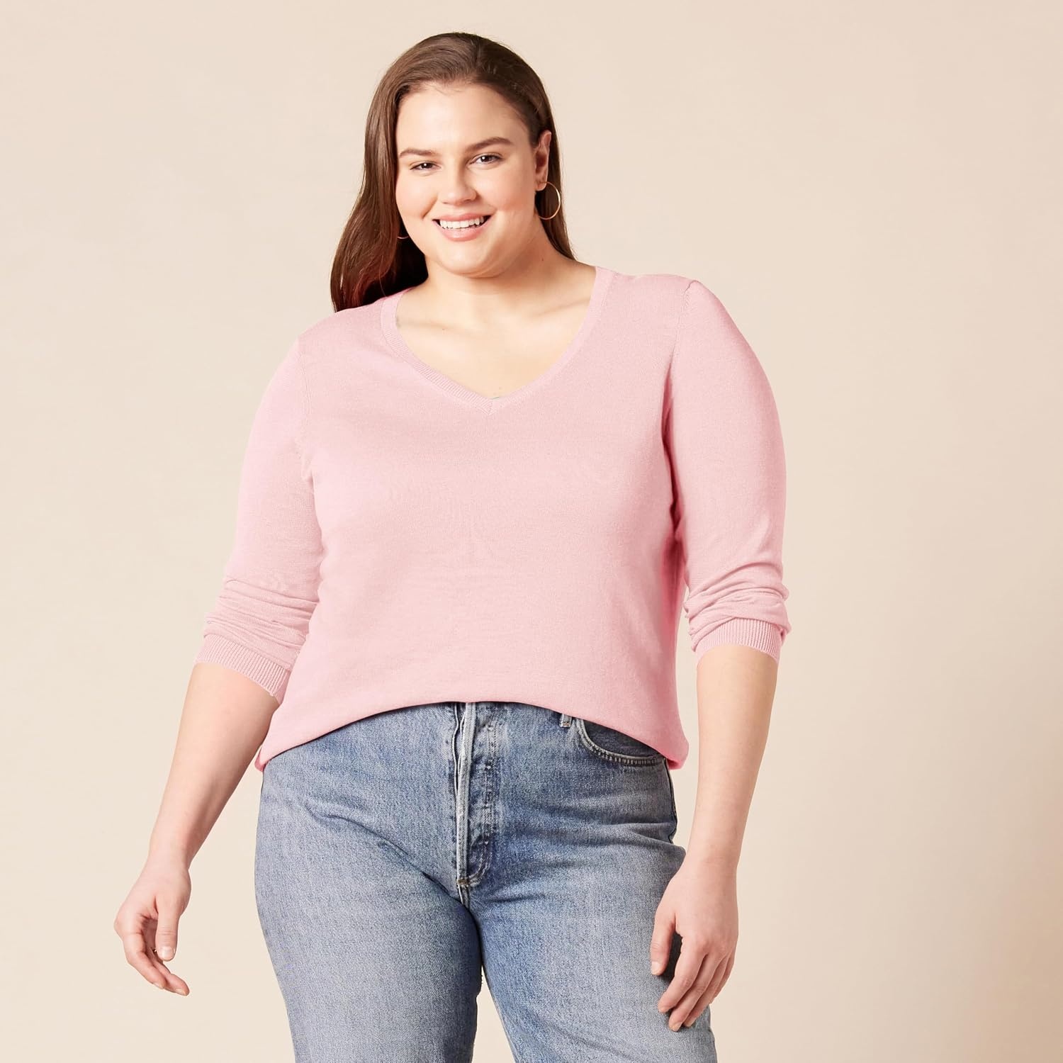 image:imageAmazon Essentials Womens Lightweight LongSleeve VNeck SweaterLight Pink