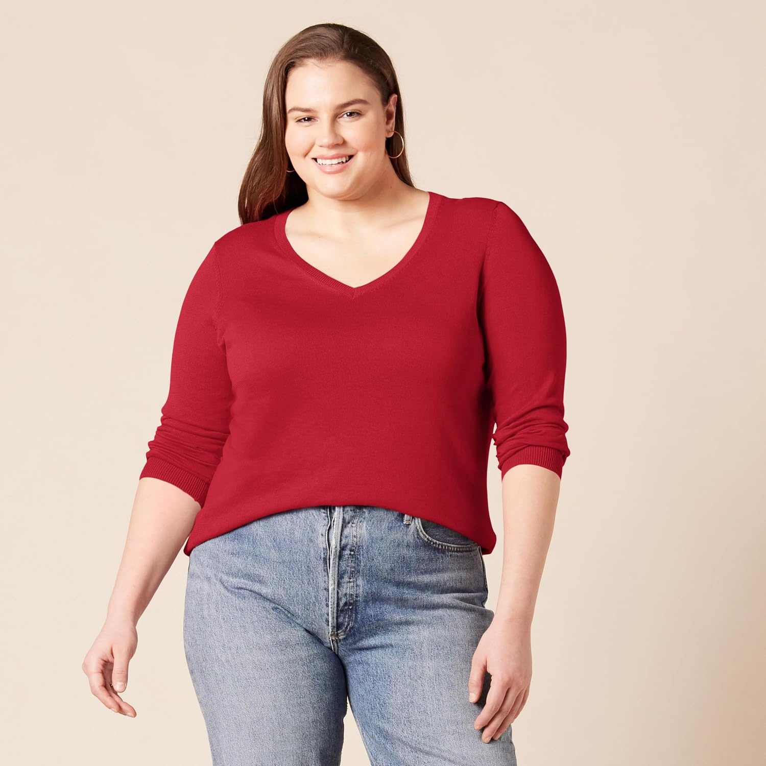 image:imageAmazon Essentials Womens Lightweight LongSleeve VNeck SweaterRed