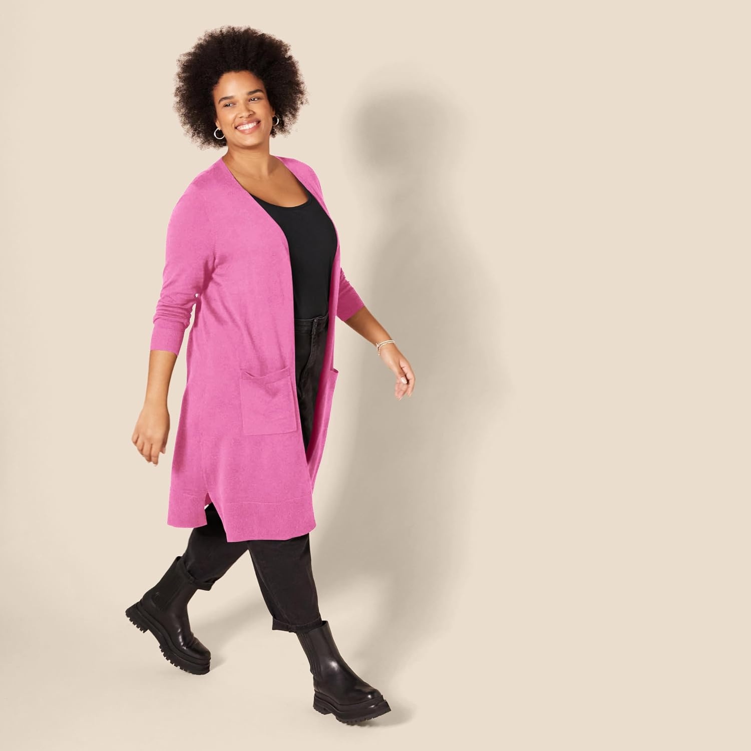 image:imageAmazon Essentials Womens Lightweight Longer Length OpenFront LongSleeve Cardigan SweaterBright Pink