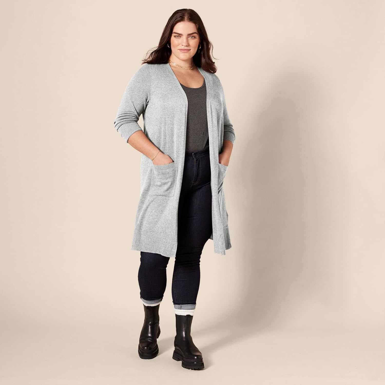 image:imageAmazon Essentials Womens Lightweight Longer Length OpenFront LongSleeve Cardigan SweaterLight Grey Heather