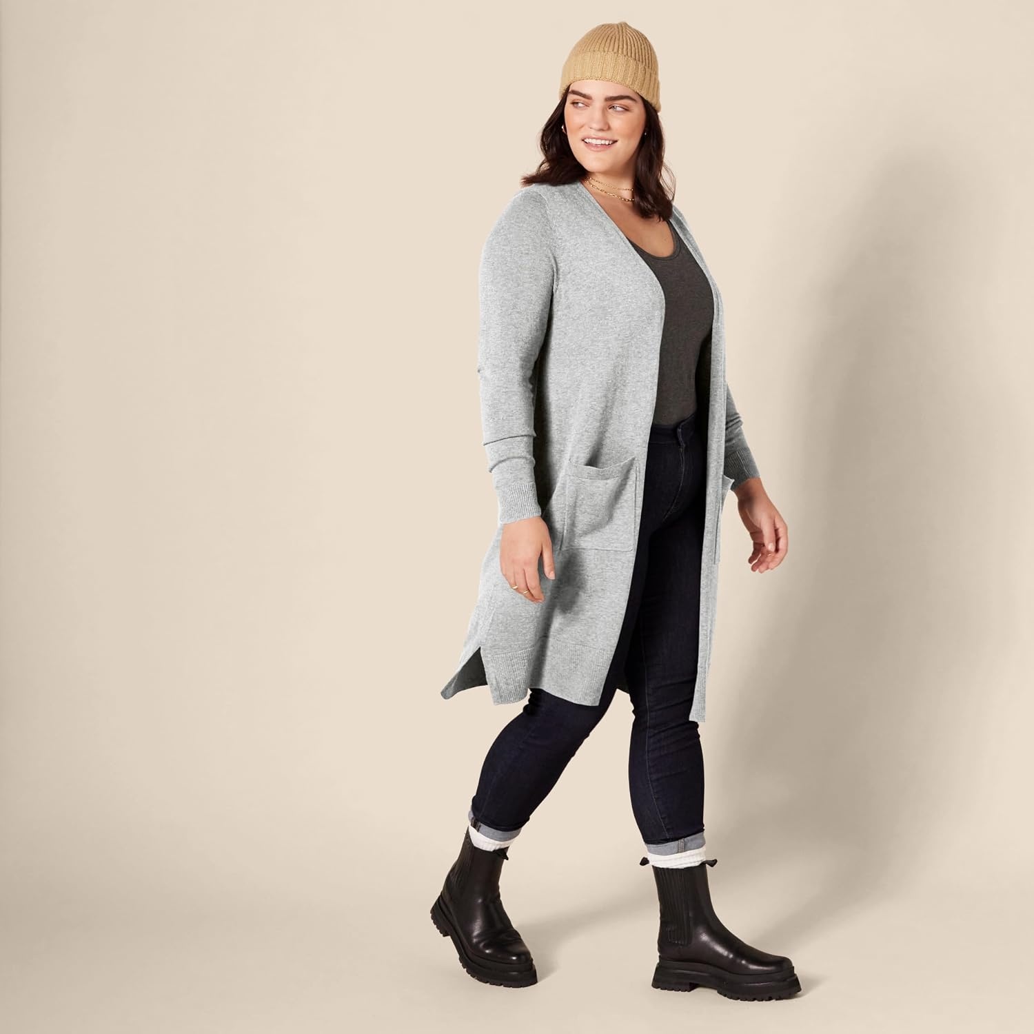 image:imageAmazon Essentials Womens Lightweight Longer Length OpenFront LongSleeve Cardigan SweaterLight Grey Heather