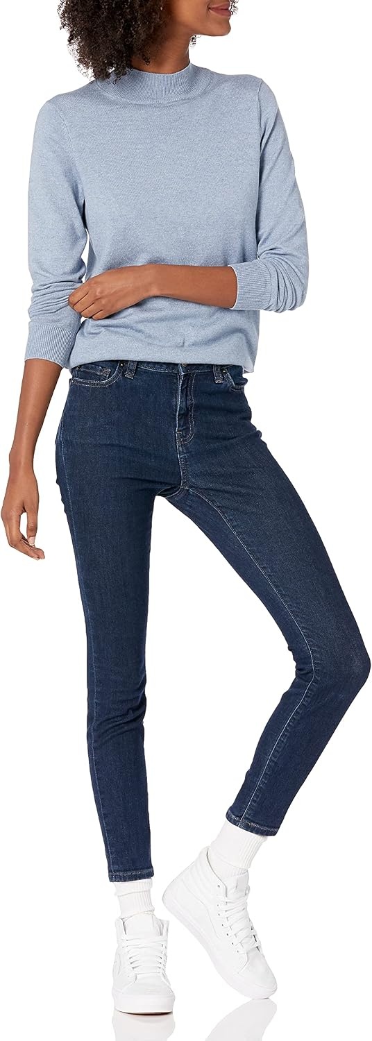 image:imageAmazon Essentials Womens Lightweight Mock Neck Pullover Sweater Regular Fit Available in Plus SizeIndigo Blue Heather