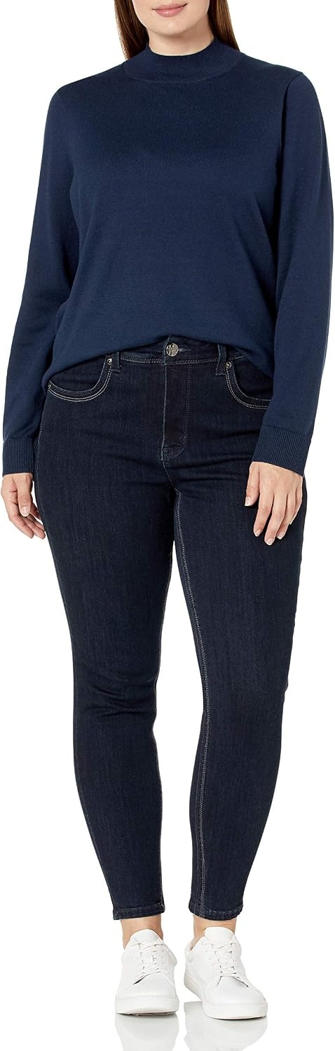 image:imageAmazon Essentials Womens Lightweight Mock Neck Pullover Sweater Regular Fit Available in Plus SizeNavy