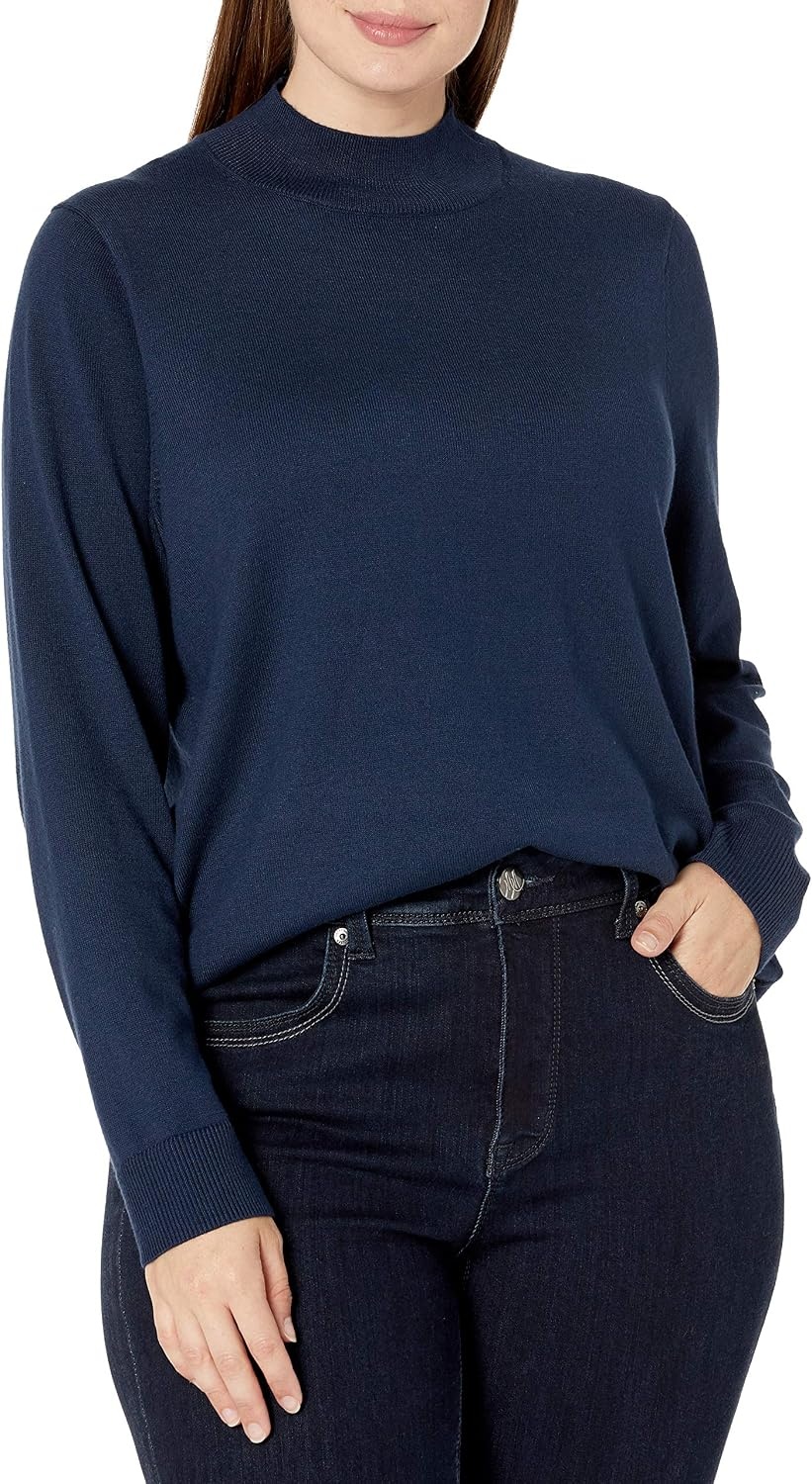 image:imageAmazon Essentials Womens Lightweight Mock Neck Pullover Sweater Regular Fit Available in Plus SizeNavy