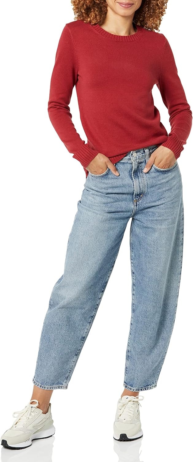 image:imageAmazon Essentials Womens Lightweight Soft Crewneck Sweater 100 Cotton PlusDark Red
