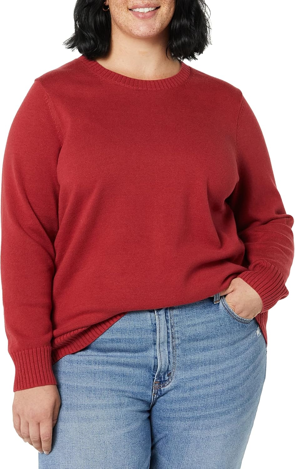 image:imageAmazon Essentials Womens Lightweight Soft Crewneck Sweater 100 Cotton PlusDark Red