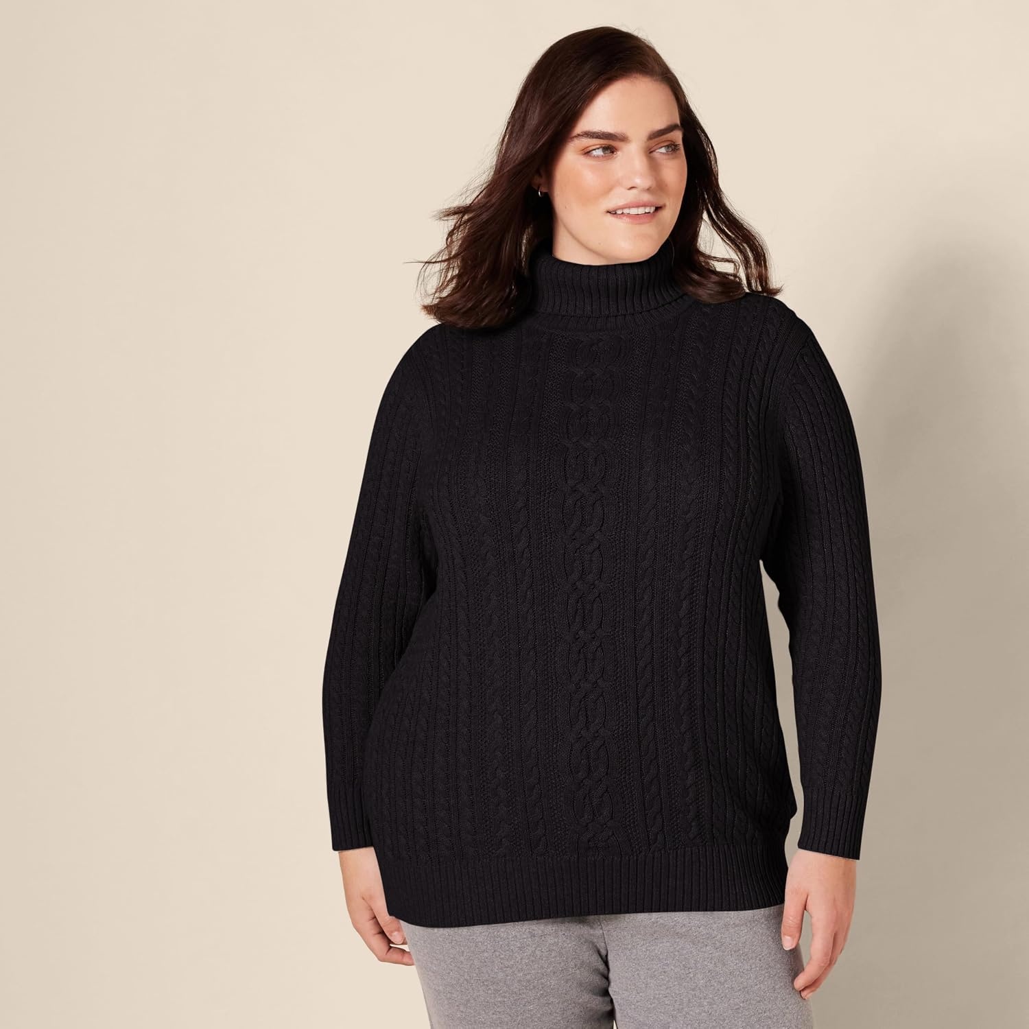 image:imageAmazon Essentials Womens Long Sleeve Fisherman Cable Knit Turtleneck Sweater Available in Plus SizeBlack