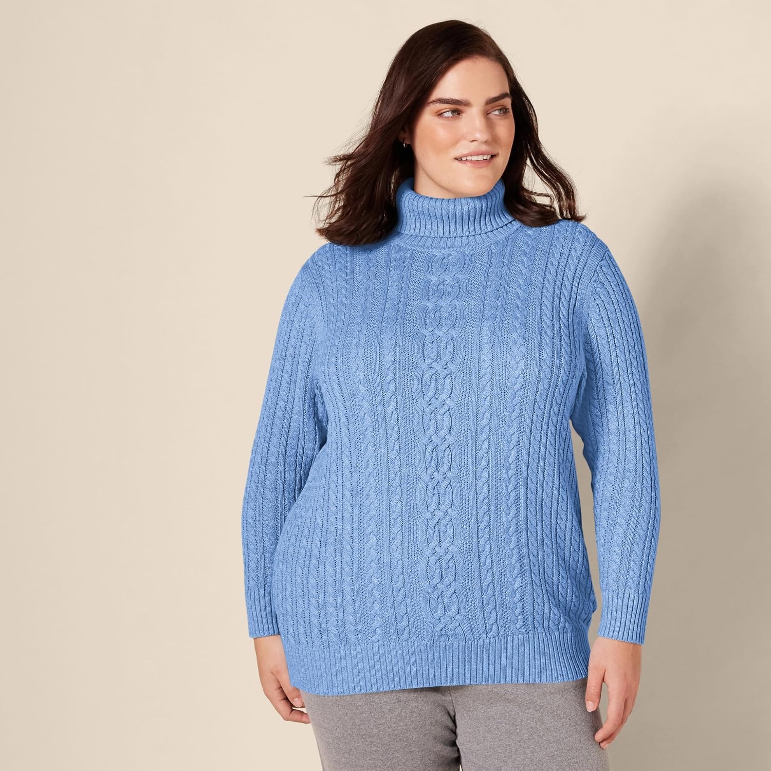 image:imageAmazon Essentials Womens Long Sleeve Fisherman Cable Knit Turtleneck Sweater Available in Plus SizeBlue