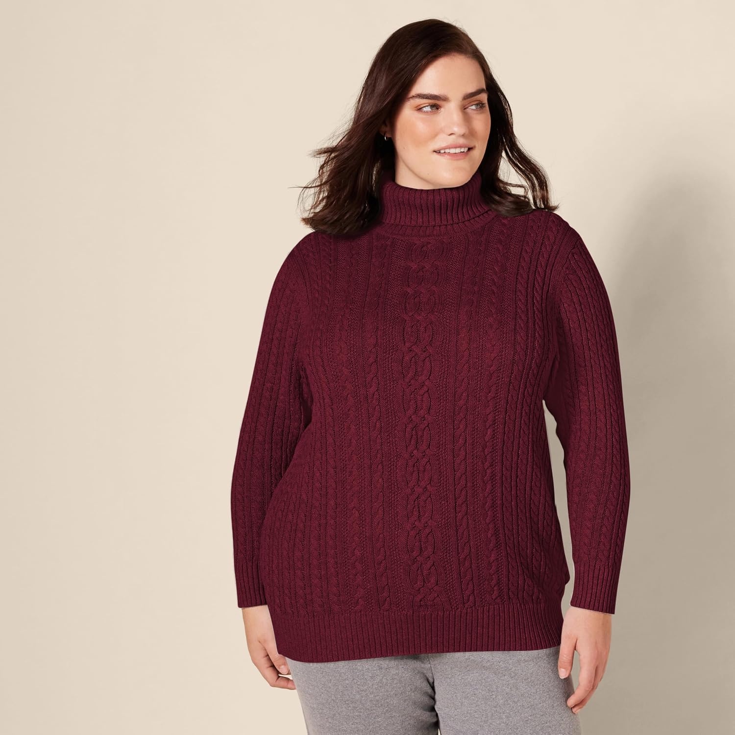 image:imageAmazon Essentials Womens Long Sleeve Fisherman Cable Knit Turtleneck Sweater Available in Plus SizeBurgundy